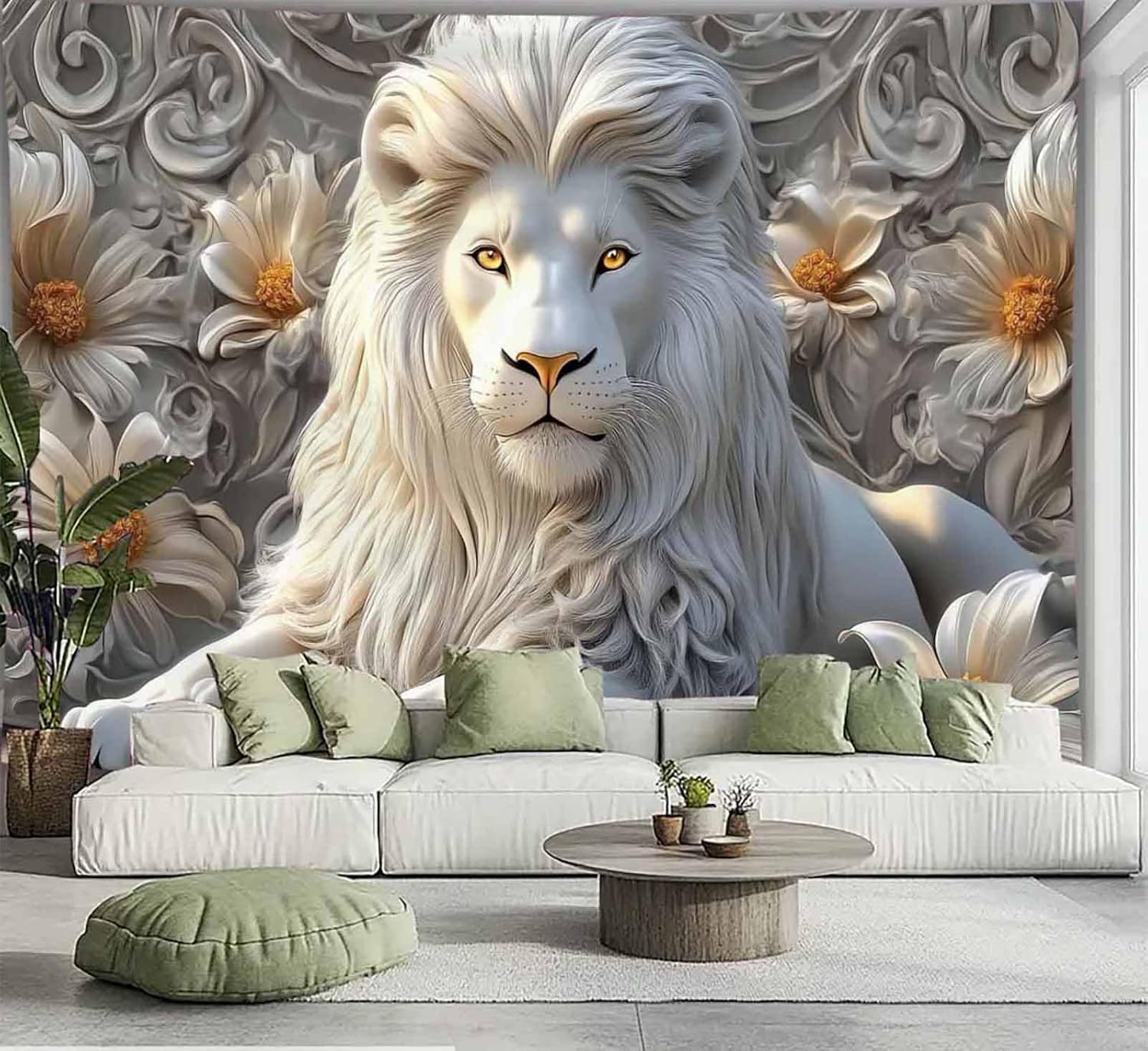 Home Decor Hippie - بارد الأبيض الأسد نسيج الجمالية الحيوان