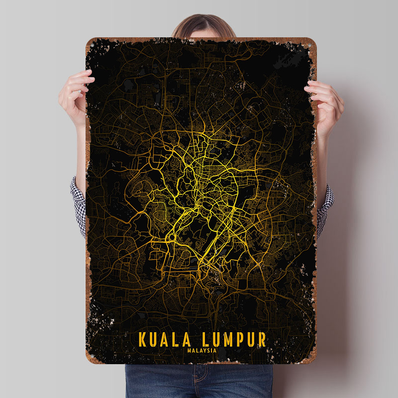 Home Decor Kuala Lumpur - ملصق مطبوع لخريطة مدينة كوالالمبور الذهبية،