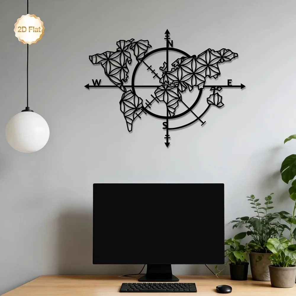 Home Decor Brand - لوحة جدارية معدنية بتصميم البوصلة وخريطة
